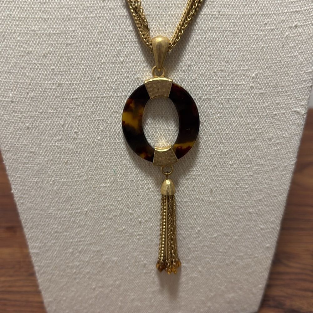 Coldwater Creek Signed 7 Strand GoldTone Necklace with Amber Colored Pendant. - Picture 2 of 7